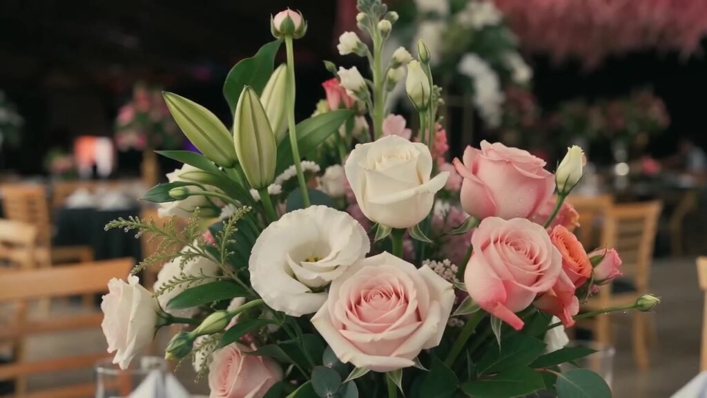 Arranjo de rosas brancas e rosé como centro de mesa em casamento decorado pela Lu Flores & Decor